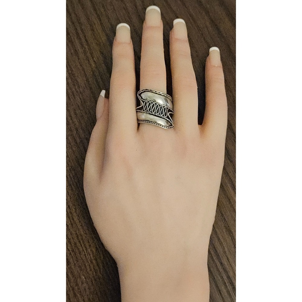 Vtg Boho 925 Sterling Silver Balinese 9.5 Ring Wide Band Unisex